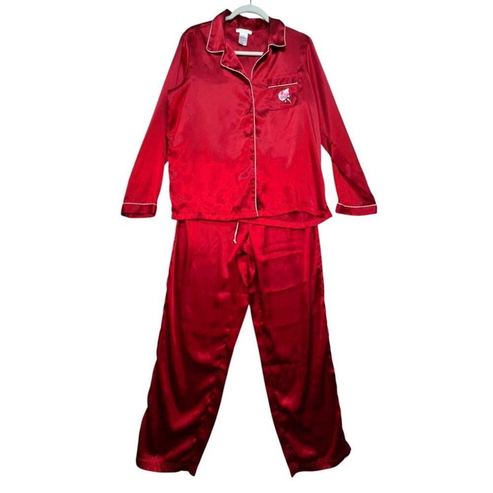 Pinkk Womens Satin Pajama Set With Floral Embroidery Small Red & White